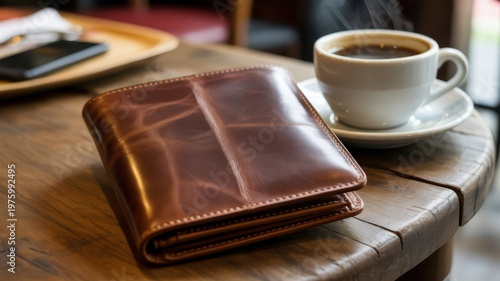 Brown Leather Wallet and Hot Coffee Cup on Wooden Table Lifestyle Detail