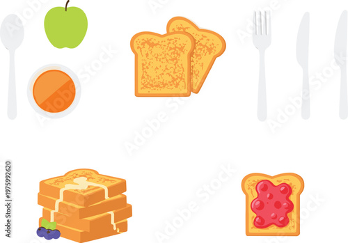 Breakfast Food and Cutlery Set Vector for Morning Meal, Toast, Fruit, and Jam Designs