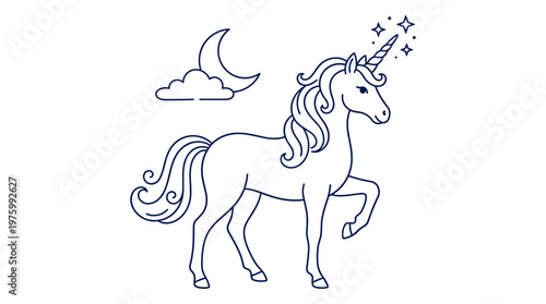 Minimalist unicorn line art vector, mythical creature with crescent moon and stars, magical horse coloring page illustration for children