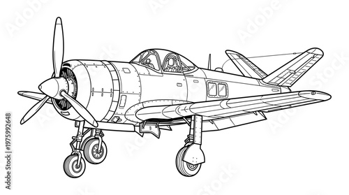 Vintage fighter aircraft line art vector, retro propeller military plane illustration, black and white warbird coloring page for history hobbyists