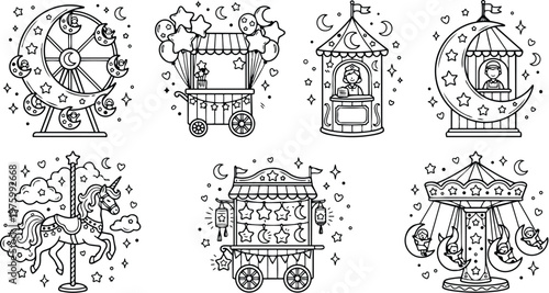 Line art carnival moon icons set showing carousel unicorn ferris wheel ticket booth and food cart in whimsical kids coloring page style with black and white