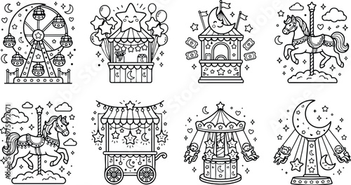Cute carnival coloring page set eight square panels featuring ferris wheel carousel horse ticket booth swing ride and moon themed carousel in black line art style