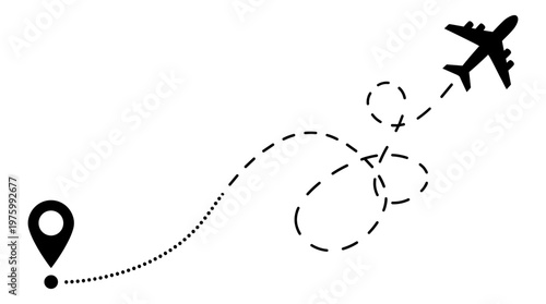 Airplane flight path vector with dotted line and map pin, black aircraft silhouette tracking travel route, aviation journey concept on white background