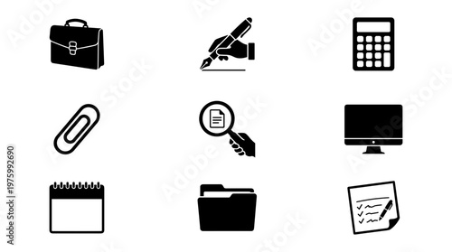 Business office icon set, professional black silhouette corporate symbols, collection of 9 vector elements for finance and administration