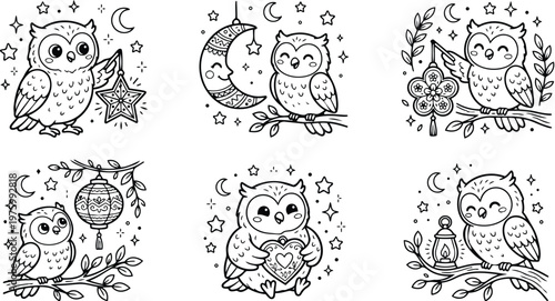 Line art six panel cute owl illustrations showing owls holding star moon lantern heart and floral charms on branches with stars and crescent moons playful nighttime