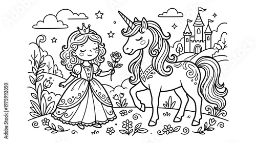 Magical princess and unicorn coloring page, fairytale castle landscape with cute girl and mythical horse, black and white line art vector illustration