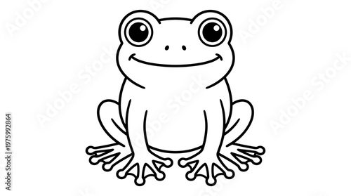 Cute frog cartoon vector illustration, smiling toad character line art, black and white amphibian coloring page for kids, friendly pond animal icon