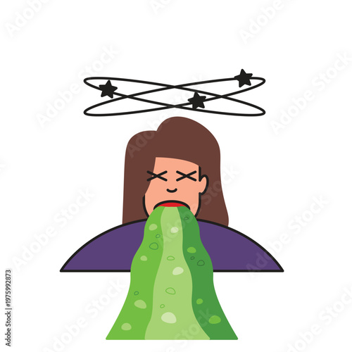 Flat design illustration of a woman vomiting with dizzy stars. Cartoon character feeling sick and nauseous. Minimalist concept of food poisoning, illness, or morning sickness.