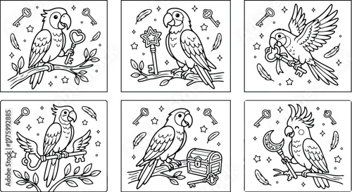 Cute line art parrot holding ornate key on branch treasure chest and stars around set of six coloring cards black and white close up cheerful detailed