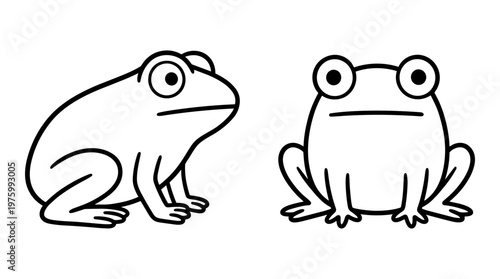 Minimalist frog line art vector, cute toad character illustrations in profile and front view, simple black and white amphibian icons for coloring