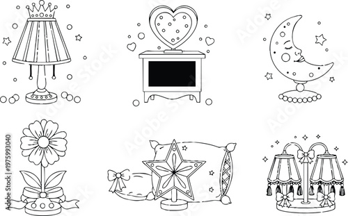 Vintage line art bedside lamp with tassels heart shaped mirror on nightstand crescent moon face star wand decorative pillow and floral vase icons set black outline