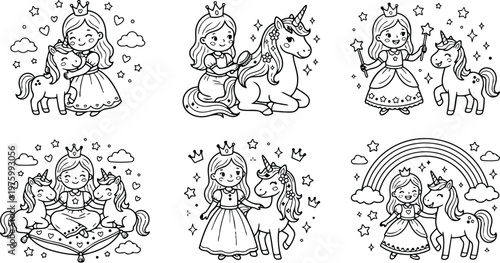 Cute line art princess with unicorn friends in six playful scenes close up and full body illustrated for childrens coloring page set adorable smiling crowns sparkles
