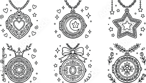 Hand drawn line art close up six ornate locket pendants in coloring book style top view detailed heart star moon floral crown bow designs monochrome sketches