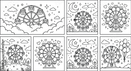 Vintage carnival ferris wheel close up with heart cabins looking at camera on cloudy sky background night moon stars whimsical line art coloring page square framed
