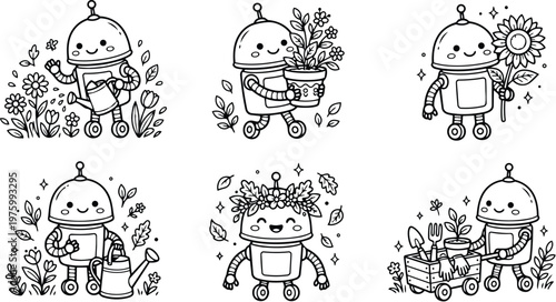 Whimsical line art robot gardener close up set showing smiling robots watering planting carrying sunflower pot wreath and garden cart in playful black and white illustration