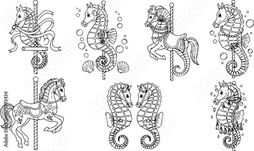 Detailed black and white carousel seahorse and horse line art set eight nautical coloring page designs close up vertical compositions decorative ocean themed illustrations printable pages