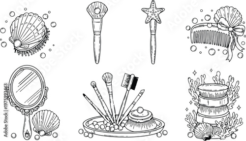 Hand drawn line art close up cosmetic brushes and seashell makeup icons arranged on tray with mirror comb and coral elements in clean studio style illustration