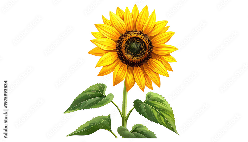Obraz premium A vibrant illustration features a blooming sunflower with yellow petals and a dark brown center. Green leaves and a sturdy stem complete the image
