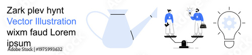 Business growth, innovation, collaboration, decision-making, creativity, sustainability. Illustration of a watering can, two businessmen balancing on a scale and a light bulb. Business growth