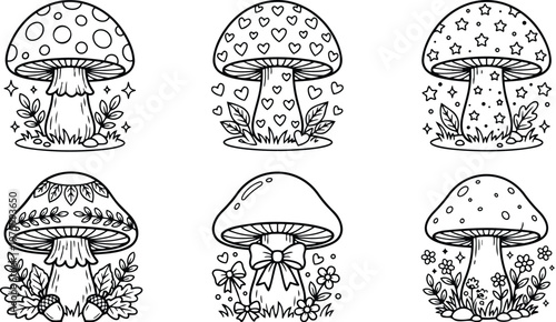 Hand drawn black and white mushroom icons six whimsical designs close up variety of patterned caps hearts stars leaves bow floral doodle set outline vector collection