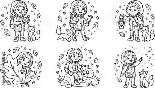Line art coloring page close up child explorer with backpack and fox holding compass and map sitting on rock pointing at stars autumn outdoor playful scene