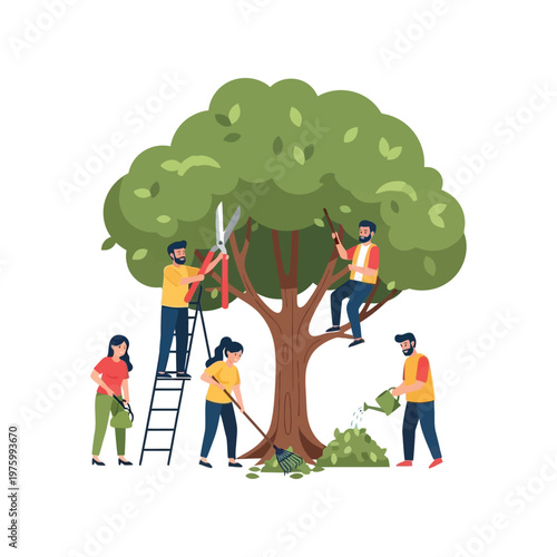 People pruning tree in teamwork flat illustration with vibrant colors for gardening and landscaping