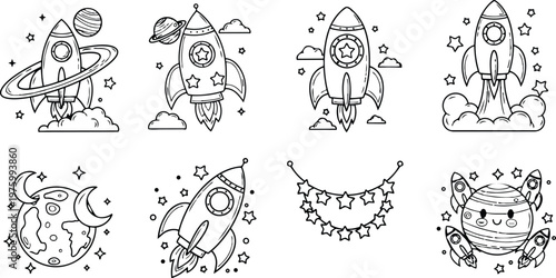 Line art symmetrical set of eight cute rocket and planet icons showing launches orbit and star garland on white background playful minimal children s hand drawn