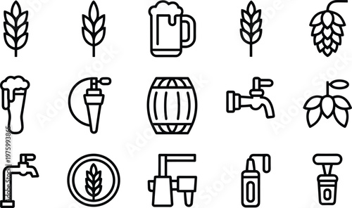Beer brewing line icons set, brewery equipment symbols, hops barley elements, craft alcohol production collection, beverage vector illustration pack