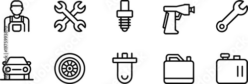 Automotive repair line icons set, mechanic tools symbols, car maintenance elements, garage service collection, vehicle equipment vector illustration pack