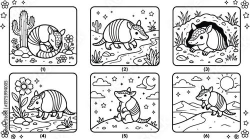 Cartoon line art armadillo curled sleeping near cactus and flowers close up low angle looking at camera burrow rocks desert path playful coloring book simple outline