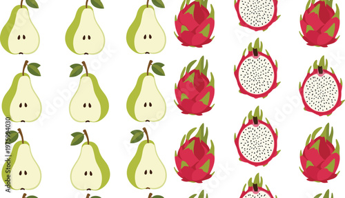 Seamless pattern with pear and dragon fruit slices exotic tropical food background for textile wallpaper wrapping paper and surface design