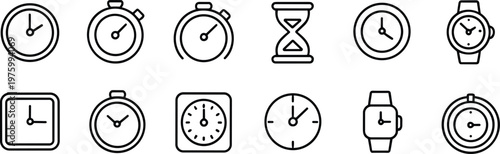 Clock watch line icons set, time measurement symbols, stopwatch timer collection, schedule management elements, modern minimal vector illustration pack