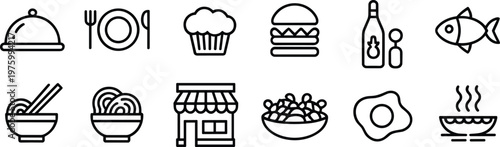 Food restaurant line icons set, cooking meal symbols, kitchen dishes collection, dining menu elements, culinary vector illustration pack design