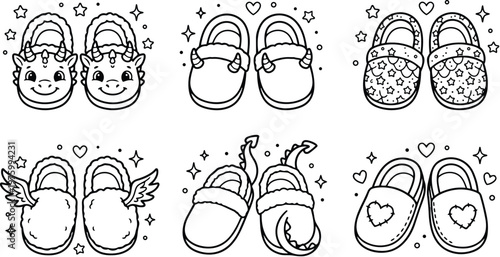 Cute cartoon line art top view six pairs of childrens slippers with unicorn horn wings stars heart stitching and fluffy trim playful close up white background