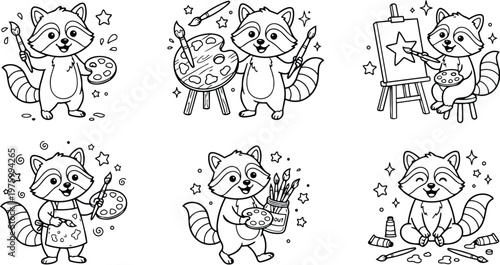 Cute line art raccoon character painting with brush and palette close up looking at camera surrounded by paints brushes easel stool childrens coloring page playful style