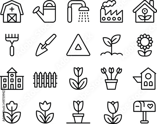 Gardening agriculture line icons set, farm tools plant symbols, eco home nature elements, landscaping vector illustration collection pack design