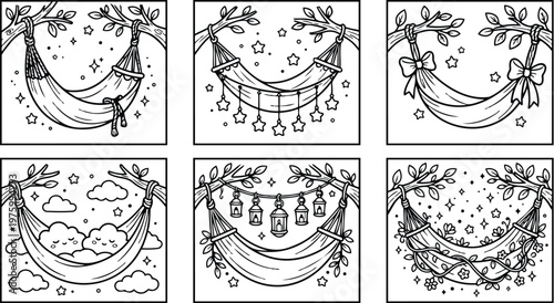 Whimsical line art hammocks in six framed panels showing hanging hammock with bows lanterns clouds stars vines and floral details for coloring page set collection
