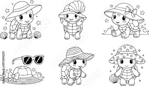 Cute line art turtle wearing large sun hat with bow holding seashell smiling looking at camera multiple poses beach accessories coloring page illustration simple playful outlines