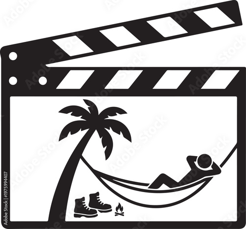 Movie slate with palm tree hammock person relaxing vacation relaxation tropical reclining adventure serenity tranquility production entertainment illustration