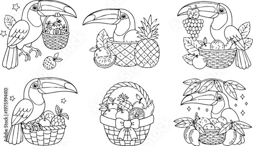 Whimsical line art close up toucan holding fruit basket and pineapple multiple scenes coloring page set for children black and white outline playful tropical detailed illustration