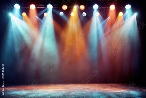 Colorful stage spotlights illuminate a smoky floor, creating a vibrant and dynamic atmosphere ideal for performances or events.