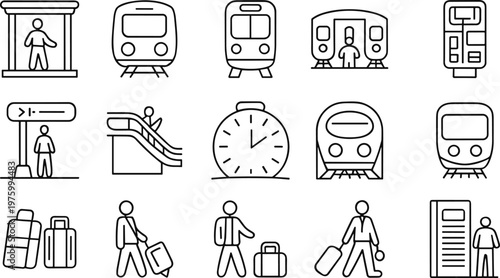 Minimal transport line icons set, subway train station elements, travel symbols, urban mobility illustration, public transit vector collection design