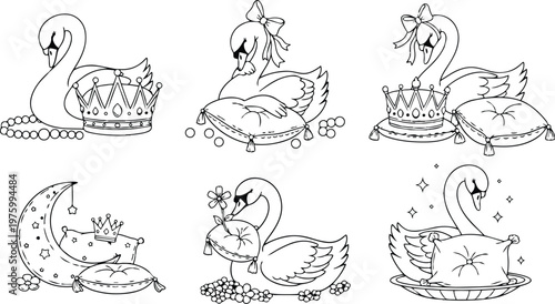 Whimsical swan coloring page close up crowned swan with pillow pearls bow floral accents moon stars decorative cushion set for childrens activity relaxing ornate line art
