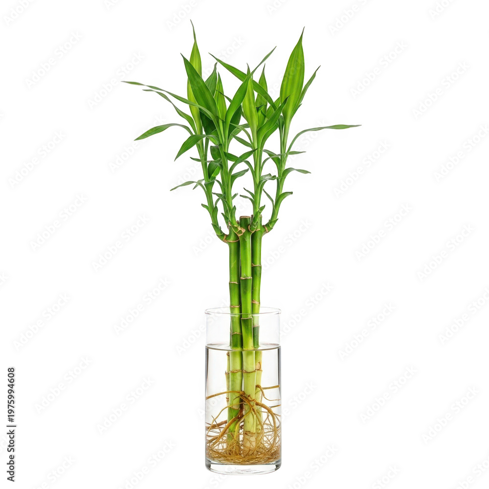 Obraz premium Lucky bamboo plant in glass vase with water, green dracaena sanderiana stalks with roots, indoor botanical home decor for feng shui isolated on Transparent Background