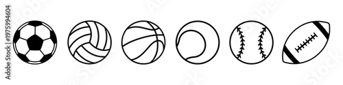 Sport balls set icons, soccer sports ball, volleyball, basketball, baseball, tennis, football