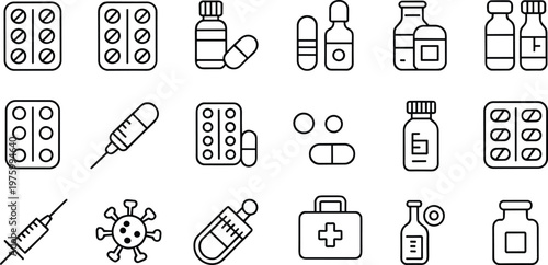 Pharmacy medicine line icons set, healthcare drug symbols, pills bottles syringe collection, medical treatment vector illustration, clinical equipment design pack