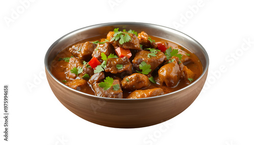 Bowl of beef stew contains fresh vegetables and spicy herbs.