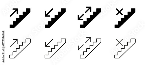 Stairs icon set, climb up and down stairs with directional arrows, staircase sign, escalator symbol