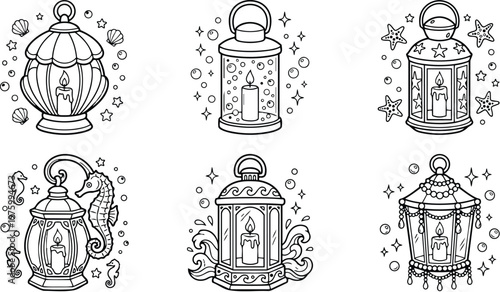 Black and white coloring book page with six detailed candle lanterns surrounded by stars seashells seahorses and bubbles for creative coloring activity and decorative art design
