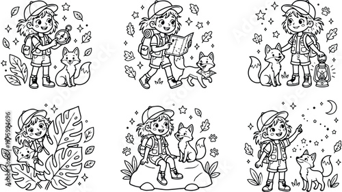 Cute smiling child explorer with cap and backpack interacting with friendly fox holding compass and map and lantern in outdoor nature scenes with leaves stars and moon for coloring book